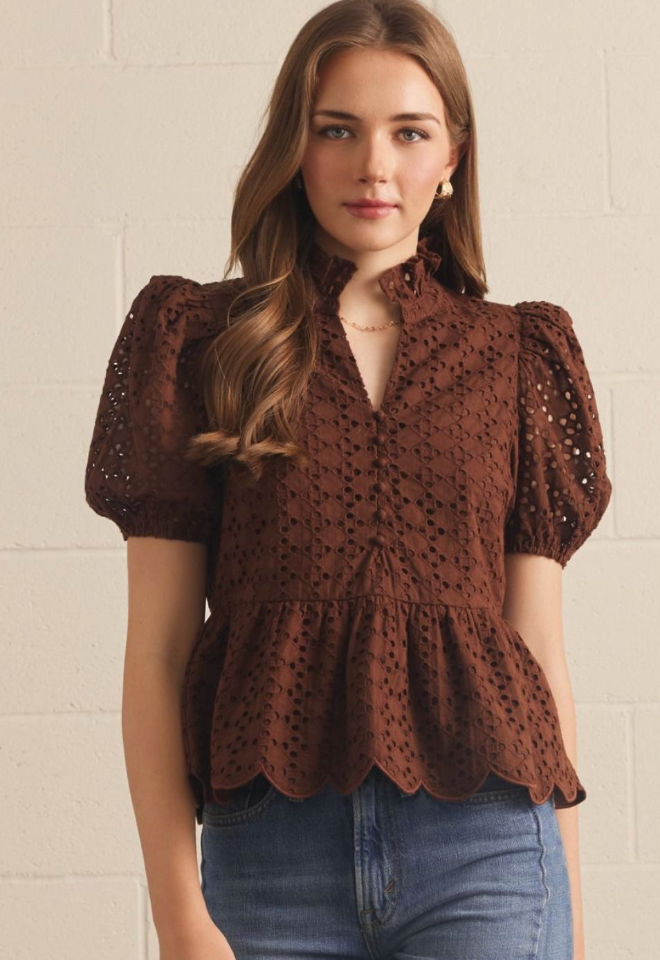 T30420p curvy eyelet puff sleeve top- 2 colors | 1971 Clothing